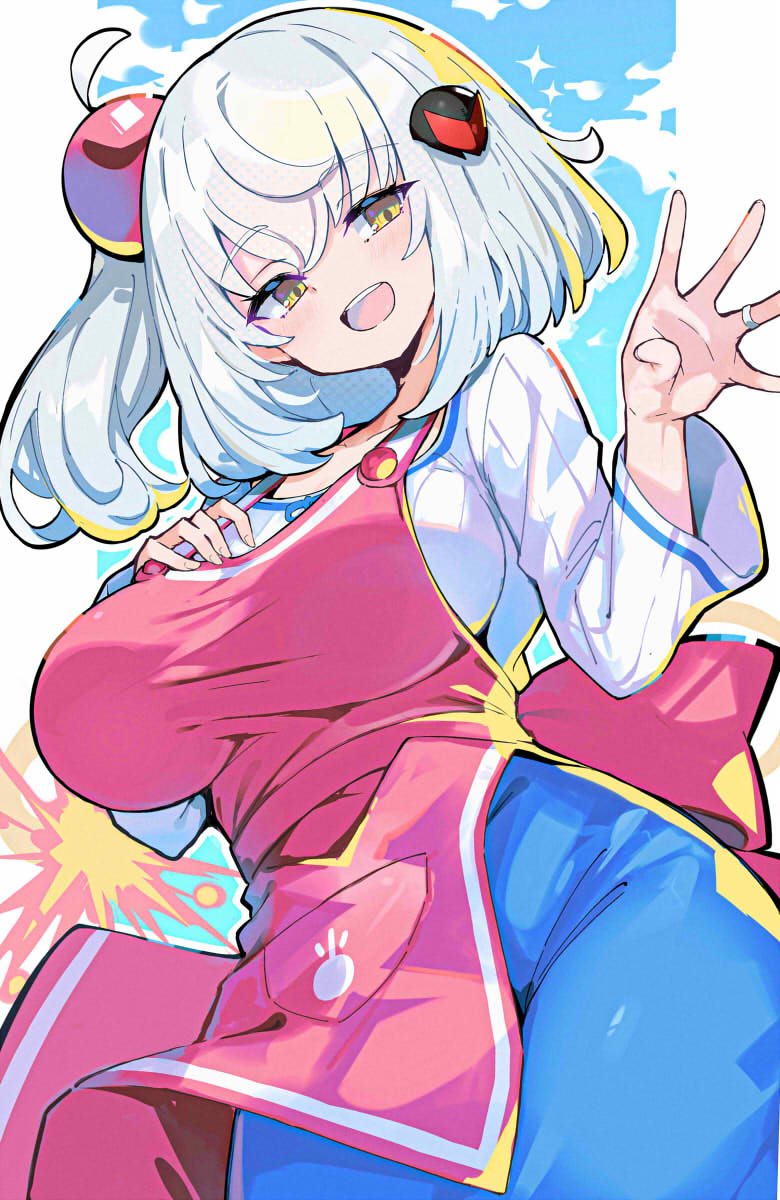 apron, blue_skirt, blush, bombergirl, breasts, cowboy_shot, dutch_angle, explosion