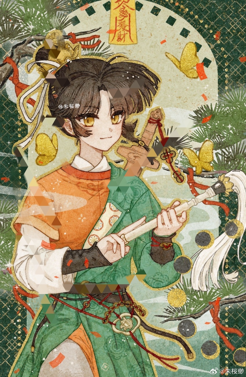 1girl, absurdres, an-an_lee, artist_name, black_hair, branch, bug, butterfly