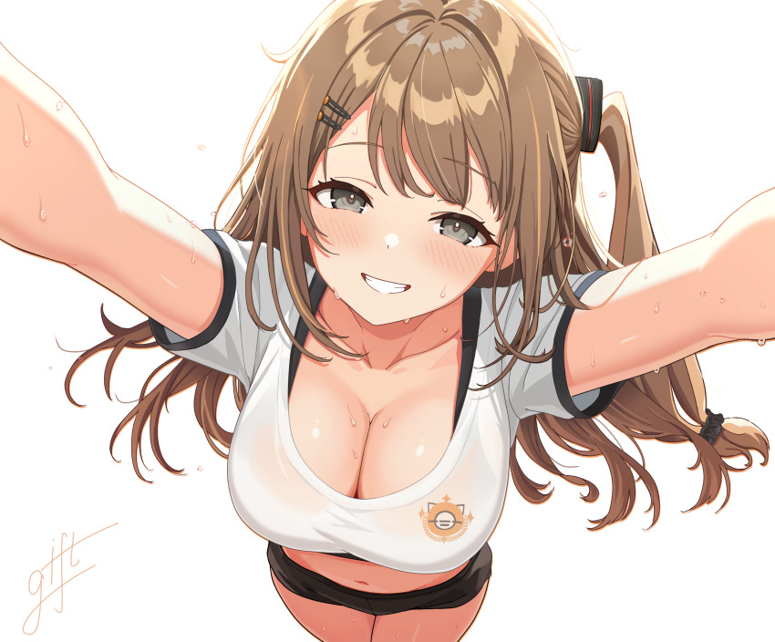 1girl, absurdres, arms_up, black_shorts, blush, breasts, brown_eyes, brown_hair, cleavage, commentary_request, crop_top, from_above, girls'_frontline, girls'_frontline_2:_exilium, grin, hair_intakes, hair_ornament, highres, k2_(girls'_frontline), large_breasts, long_hair, looking_at_viewer, navel, one_side_up, outstretched_arms, shen_bi_ren_(pixiv56919482), shirt, short_shorts, short_sleeves, shorts, signature, simple_background, smile, solo, sweat, thighs, very_sweaty, white_background, white_shirt, yoohee_(girls'_frontline_2)