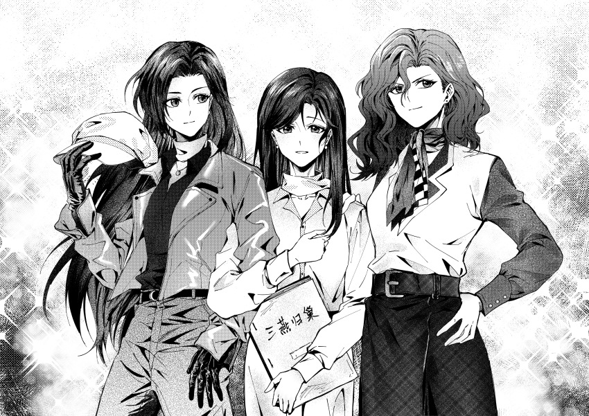 3girls, absurdres, bai_wuya_bu_he_naicha_yo, belt, book, dress, gloves, greyscale