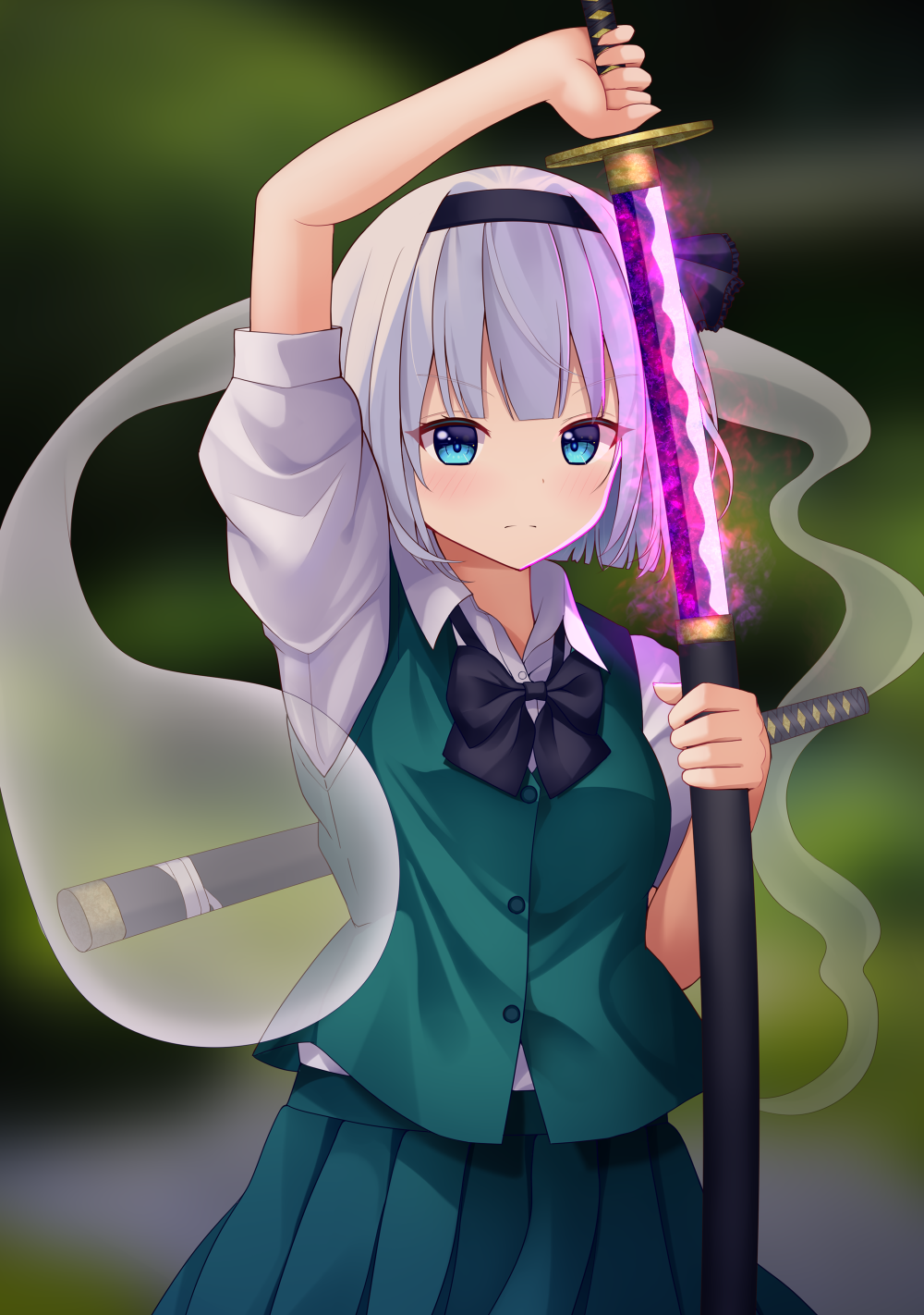 1girl, arm_up, black_bow, black_bowtie, black_hairband, black_ribbon, blue_eyes, blurry
