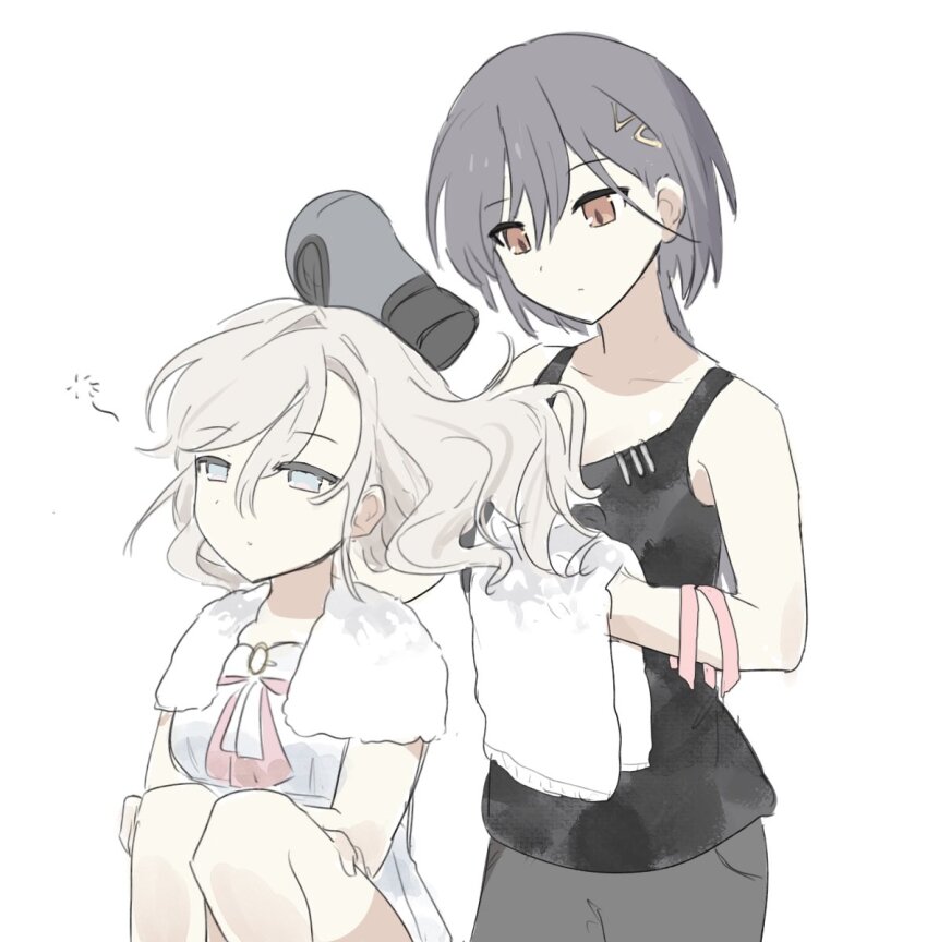 2girls, bare_shoulders, black_pants, black_tank_top, blue_eyes, bow, ceras_yanagida_lilienfeld, ceras_yanagida_lilienfeld_(summer_loungewear), churhami, closed_mouth, collarbone, commentary, dress, dress_bow, drying, drying_another's_hair, drying_hair, edel_note, grey_hair, hair_dryer, hair_intakes, hair_ornament, half-closed_eyes, highres, holding, holding_hair_dryer, holding_towel, katsuragi_izumi, katsuragi_izumi_(summer_loungewear), knees_up, link!_like!_love_live!, love_live!, multiple_girls, official_alternate_costume, orange_eyes, pants, pink_bow, pink_ribbon, ribbon, simple_background, sitting, sleepy, squeans, standing, tank_top, towel, towel_around_neck, triangle_hair_ornament, unworn_ribbon, virtual_youtuber, white_background, white_bow, white_dress, wolf_cut
