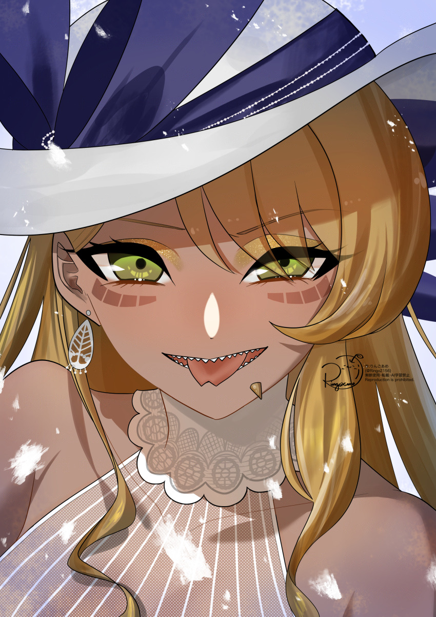 1girl, absurdres, bare_shoulders, blonde_hair, body_markings, breasts, chin_piercing, dark-skinned_female