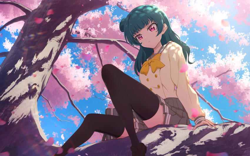 1girl, absurdres, bag, black_thighhighs, blue_hair, blue_sky, brown_shirt, brown_shoes