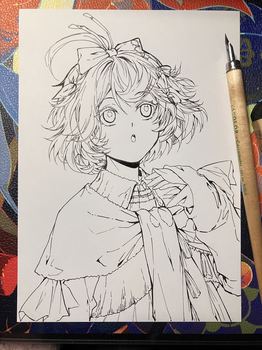 :o, absurdres, ahoge, art_tools_in_frame, bai_wuya_bu_he_naicha_yo, bow, collared_dress, dress