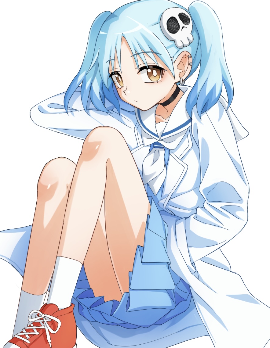 1girl, black_choker, blue_hair, blush, brown_eyes, choker, closed_mouth, hair_ornament