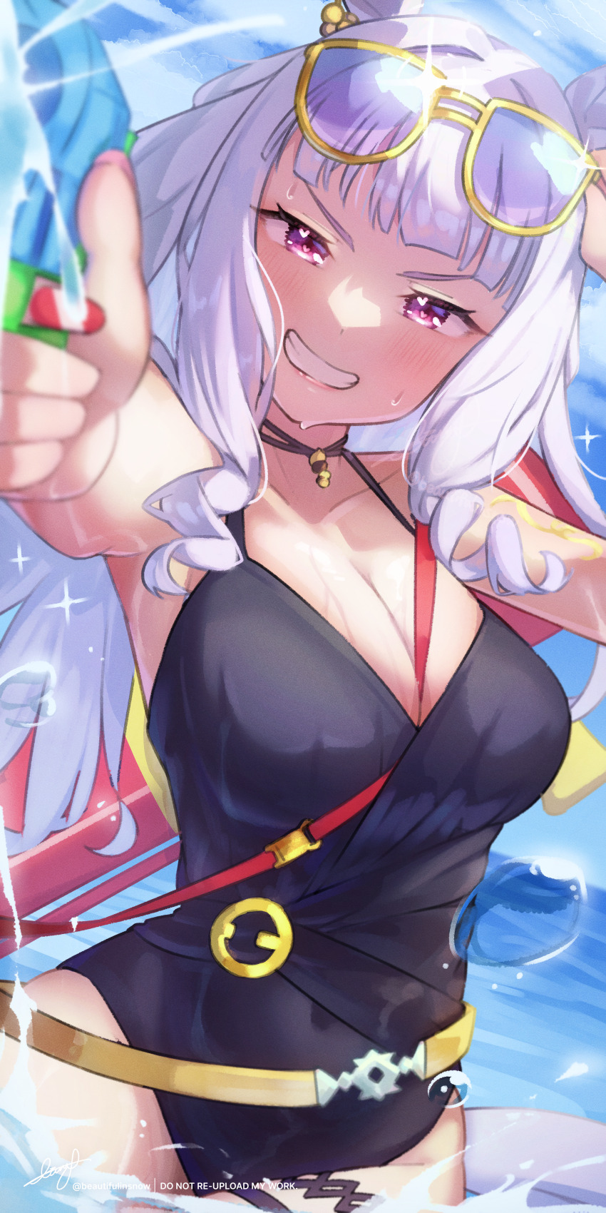 1girl, absurdres, animal_ears, beautifulinsnow, black_one-piece_swimsuit, blue_sky, breasts, cleavage, clenched_teeth, cloud, commentary_request, day, eyewear_on_head, gold_ship_(run_revolt_launcher)_(umamusume), gold_ship_(umamusume), heart, heart-shaped_pupils, highres, holding, holding_water_gun, horse_ears, horse_girl, long_hair, looking_at_viewer, medium_breasts, ocean, official_alternate_costume, one-piece_swimsuit, outdoors, pink_eyes, sky, smile, solo, sunglasses, swimsuit, symbol-shaped_pupils, teeth, umamusume, water_gun, white_hair
