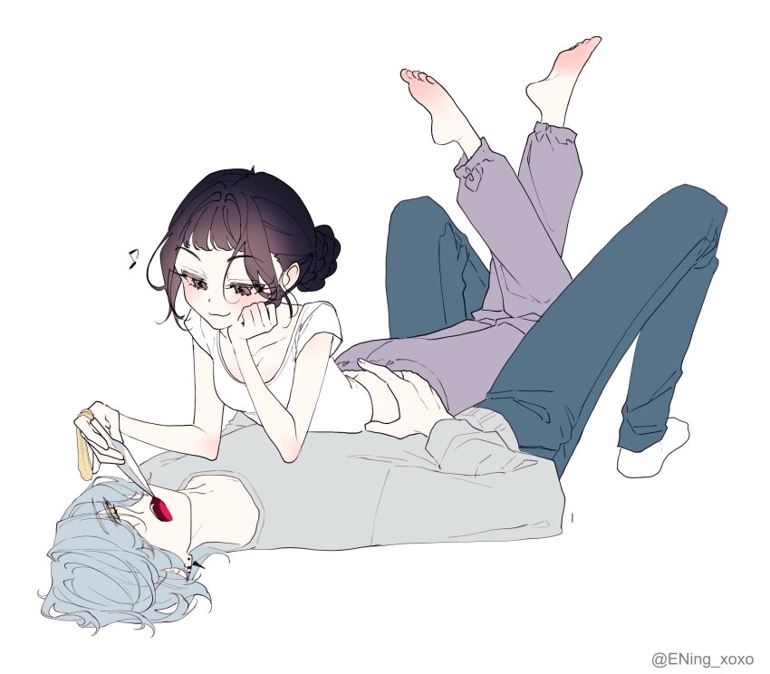 1boy, 1girl, black_hair, commentary, crop_top, double_bun, english_commentary, ening_xoxo, full_body, hair_bun, hair_over_one_eye, highres, holding, holding_weapon, kpop_demon_hunters, lying, lying_on_person, musical_note, mystery_(kpop_demon_hunters), on_back, pants, purple_pants, shirt, simple_background, smile, t-shirt, twitter_username, weapon, white_background, white_shirt, zoey_(kpop_demon_hunters)