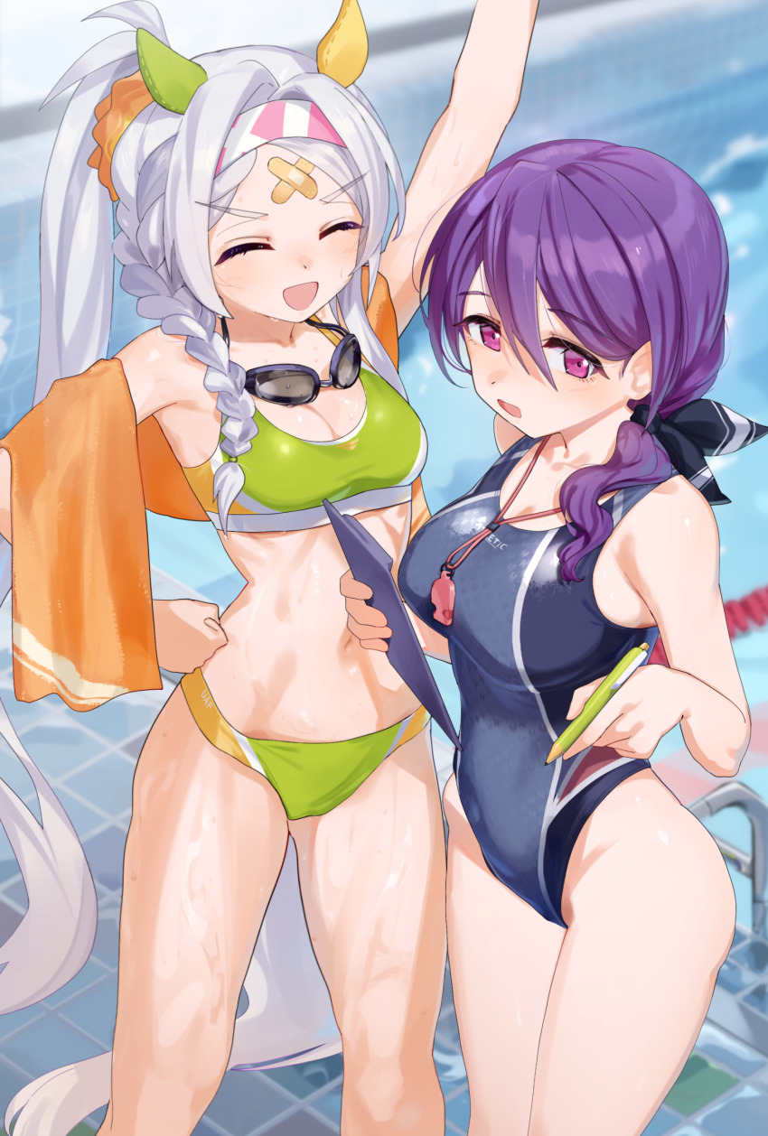 2girls, animal_ears, bandaid, bandaid_on_face, bandaid_on_forehead, bikini, breasts, character_request