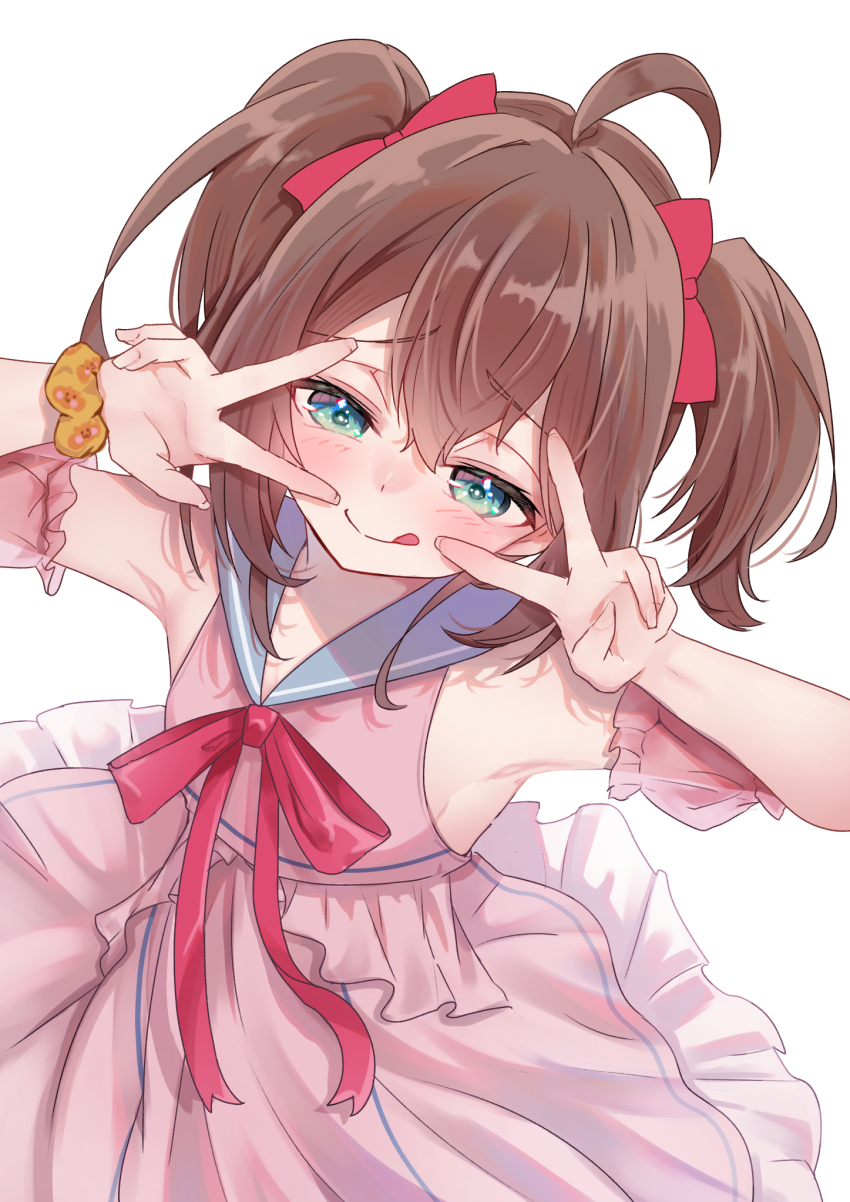 1girl, :q, ahoge, armpits, blue_sailor_collar, blush, closed_mouth, double_v