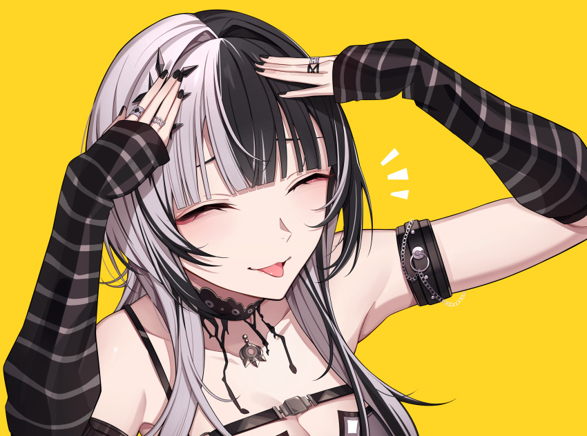 1girl, absurdres, ah_eto..._bleh_(meme), arm_strap, arm_warmers, arms_on_head, belt, black_arm_warmers