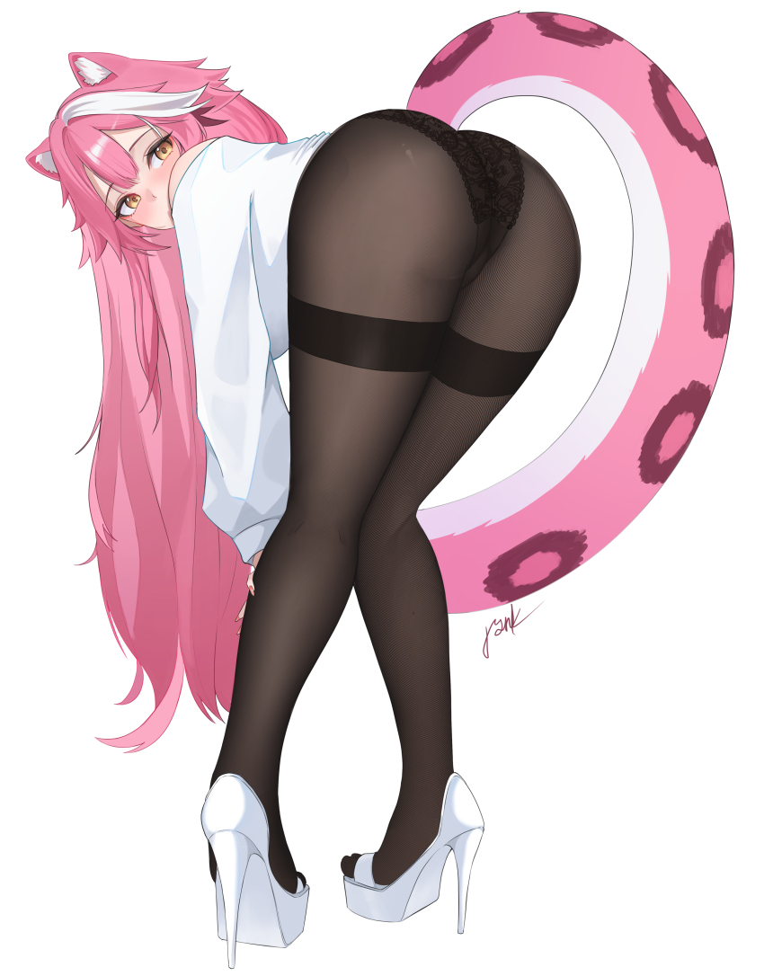 1girl, absurdres, alternate_costume, animal_ear_fluff, animal_ears, ass, bent_over, black_panties, black_pantyhose, breasts, center-flap_bangs, commentary, double-parted_bangs, english_commentary, from_behind, full_body, high_heels, highres, hololive, hololive_english, knees_together_feet_apart, lace, lace_panties, large_breasts, long_hair, long_sleeves, looking_at_viewer, multicolored_hair, no_pants, panther_ears, panther_girl, panther_tail, panties, pantyhose, pink_hair, platform_heels, puffy_long_sleeves, puffy_sleeves, pynkmouth, raora_panthera, shirt, shoe_soles, shoes, simple_background, solo, streaked_hair, tail, thighband_pantyhose, underwear, virtual_youtuber, white_background, white_hair, white_shirt, white_shoes, yellow_eyes