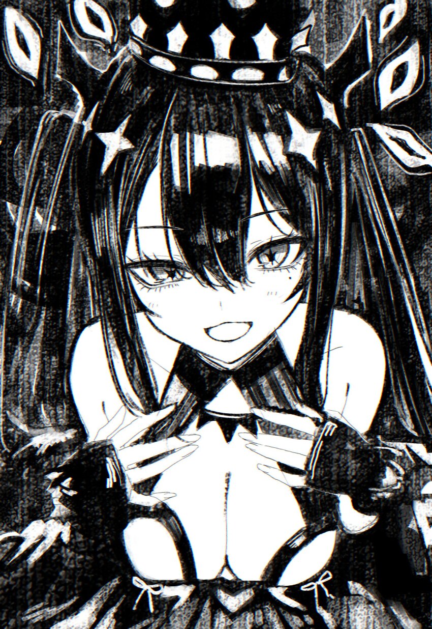 1girl, absurdres, breasts, cleavage, crown, hands_on_own_chest, highres, monochrome, nue_no_onmyouji, open_mouth, sketch, solo, suujiniku, twintails, upper_body, yozora_(nue_no_onmyouji)