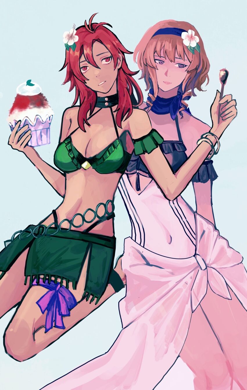 2girls, absurdres, berry, bikini, blonde_hair, bracelet, breasts, closed_mouth