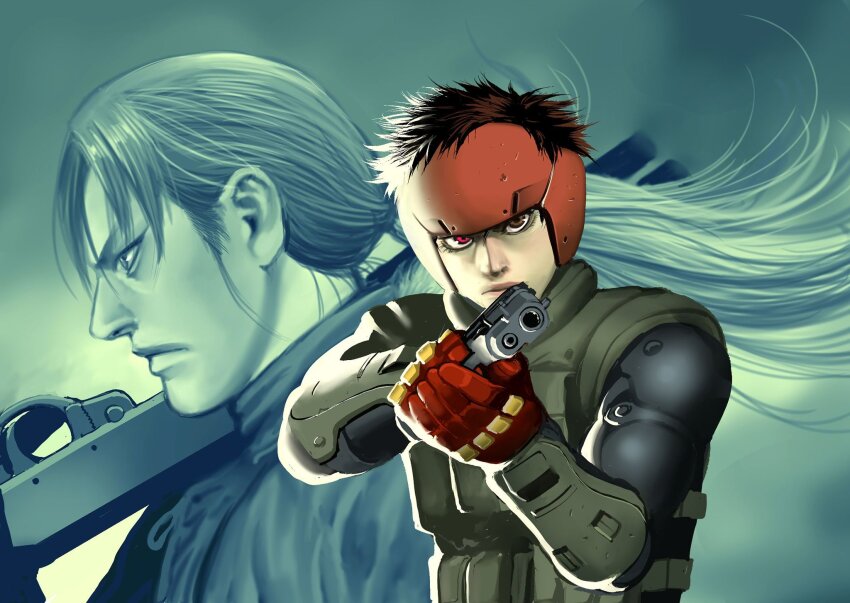 2boys, aiming, aiming_at_viewer, black_hair, body_armor, closed_mouth, dual-mode_shotgun, floating_hair