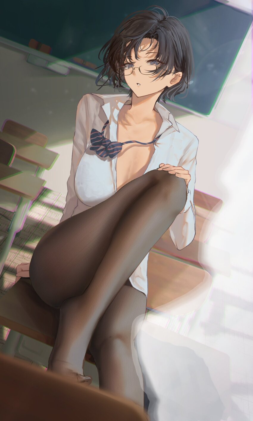 1girl, aruhi_(pyxk7325), black-framed_eyewear, black_hair, black_pantyhose, blurry, blurry_background, blurry_foreground, board_eraser, bra_visible_through_clothes, breasts, chair, chalkboard, chromatic_aberration, classroom, collarbone, collared_shirt, commentary_request, crooked_eyewear, curtains, day, depth_of_field, desk, dutch_angle, foot_out_of_frame, glasses, grey_eyes, highres, indoors, knee_up, large_breasts, long_sleeves, looking_at_viewer, messy_hair, no_pants, no_shoes, nose_pads, on_desk, open_clothes, open_shirt, original, pantyhose, parted_lips, school_chair, school_desk, semi-rimless_eyewear, shadow, shirt, short_hair, sitting, solo, tile_floor, tiles, under-rim_eyewear, white_shirt, wing_collar