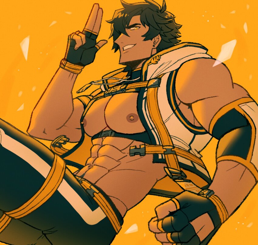 1boy, abs, brown_hair, fingerless_gloves, gloves, highres, indie_virtual_youtuber, jacket, kite_hasegawa, male_focus, muscular, muscular_male, oneirio, open_clothes, open_jacket, smile, yellow_eyes