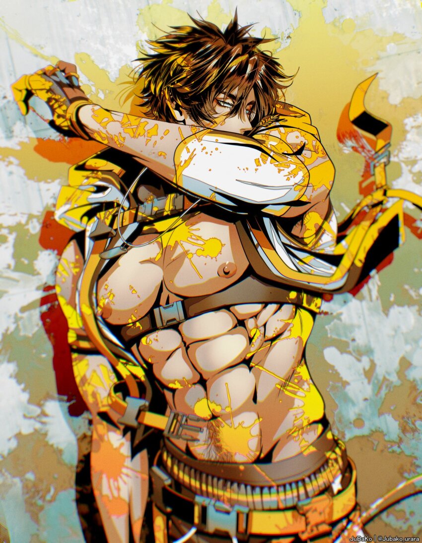 1boy, abs, belt, brown_hair, fingerless_gloves, gloves, highres, indie_virtual_youtuber