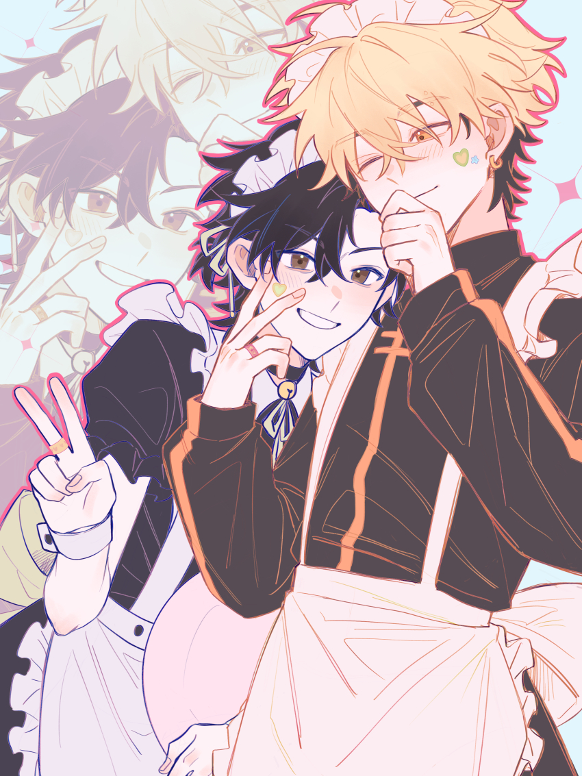 2boys, absurdres, alternate_costume, apron, bell, black_collar, black_dress, black_hair