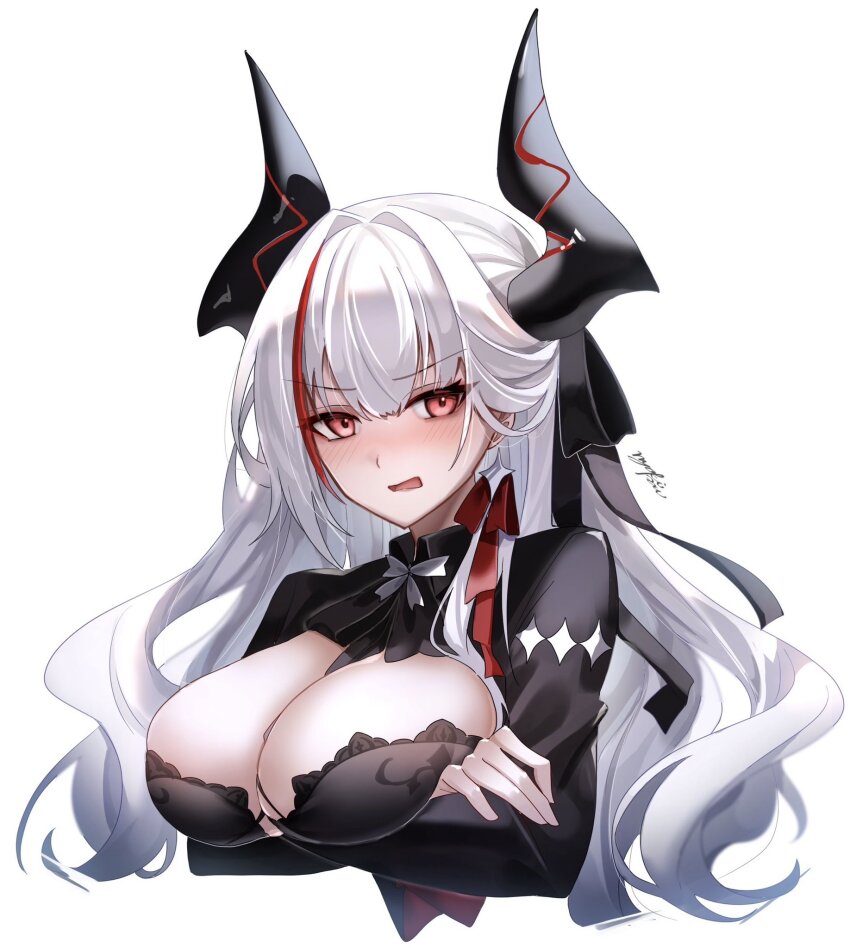 1girl, admiral_zenker_(azur_lane), azur_lane, black_dress, black_horns, blush, breasts, cleavage