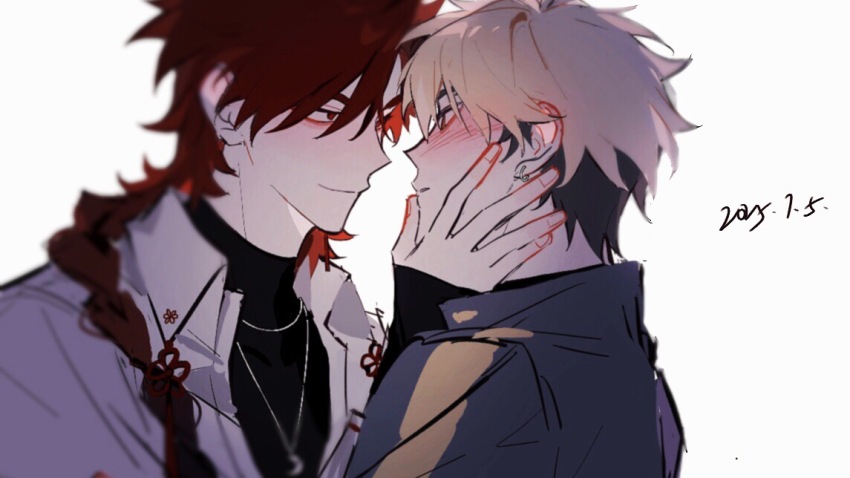 2boys, black_hair, black_shirt, blonde_hair, blue_jacket, blurry, blush, braid, chinese_commentary, chinese_knot, closed_mouth, collared_shirt, dated, earrings, eye_contact, face-to-face, hand_on_another's_cheek, hand_on_another's_face, huachajiangqwq, imminent_kiss, jacket, jewelry, long_hair, long_sleeves, looking_at_another, male_focus, multicolored_hair, multiple_boys, necklace, orange_eyes, red_eyes, red_hair, shiguang_dailiren, shirt, short_hair, simple_background, single_braid, smile, turtleneck, two-tone_hair, upper_body, white_background, white_shirt, xia_fei, xiao_weiying, yaoi
