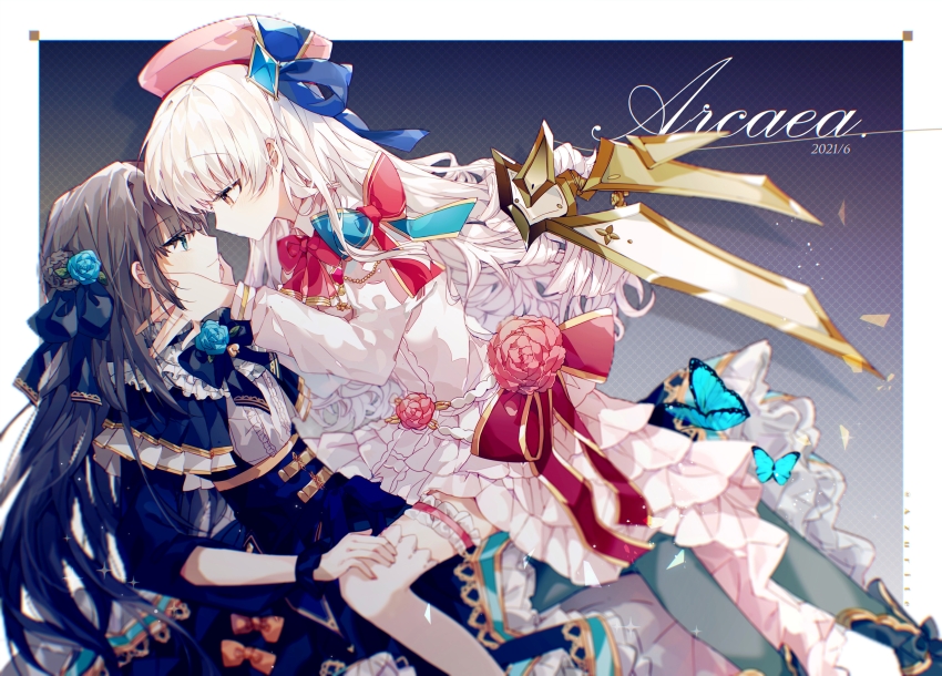 2girls, absurdres, arcaea, artist_name, black_bow, black_bowtie, black_capelet, black_hair