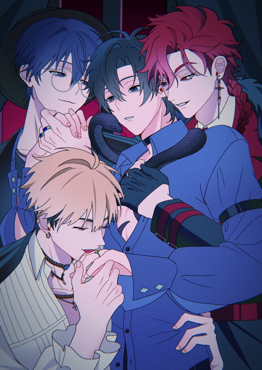 4boys, absurdres, ahoge, animal, antenna_hair, black_choker, black_eyes, black_gloves