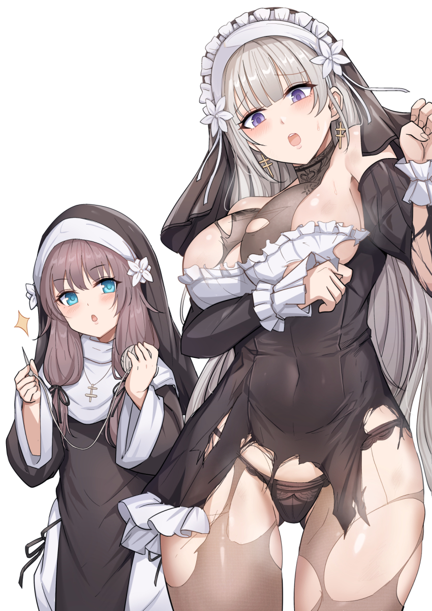 2girls, black_dress, black_panties, black_pantyhose, black_veil, blue_eyes, blush, breasts
