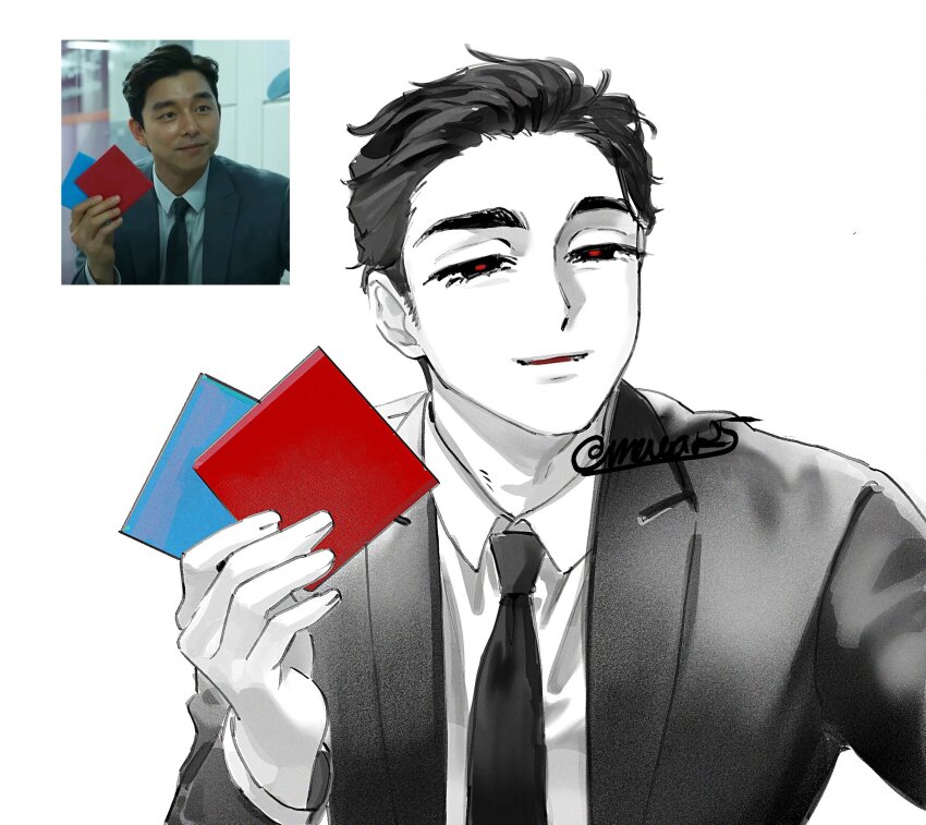 1boy, absurdres, alien_stage, collared_shirt, commentary_request, cosplay, ddakji, greyscale