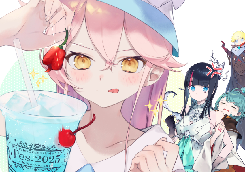 1boy, 4girls, absurdres, bare_shoulders, black_hair, blonde_hair, blue_eyes, blunt_bangs