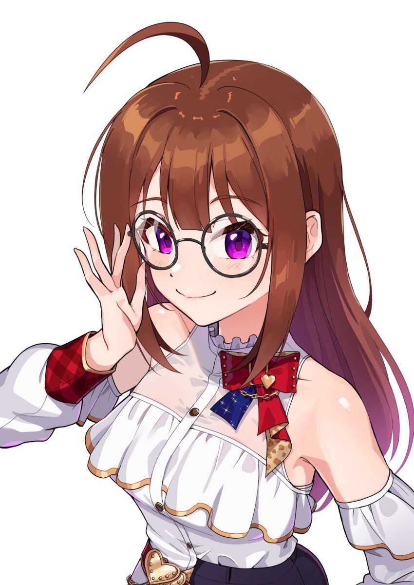 1girl, adjusting_eyewear, ahoge, bare_shoulders, bespectacled, bow, brown_hair, collar
