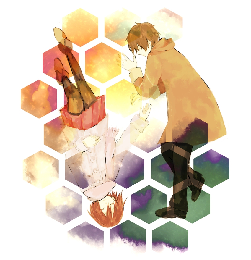 bad_id, bad_pixiv_id, brown_hair, coat, no.6, omukb, pants, pantyhose, safu, scarf, shion_(no.6), shoes, short_hair, skirt, upside-down