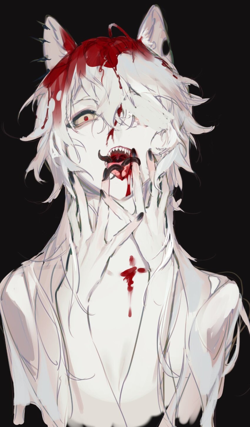 1other, aegyo_sal, ahoge, animal_ear_piercing, animal_ears, black_background, black_nails, bleeding, blood, blood_in_hair, blood_on_body, blood_on_face, blood_on_mouth, censored, censored_identity, constricted_pupils, covering_nipples, covering_privates, curly_hair, fox_ears, grabbing_own_chin, hair_over_one_eye, hands_up, highres, indie_virtual_youtuber, long_hair, looking_at_viewer, mari_the_hybrid, no_shirt, reaching, red_eyes, sharp_teeth, simple_background, solo, spread_fingers, teeth, tentacle_in_mouth, tongue, tongue_out, upper_body, white_hair, yoimon