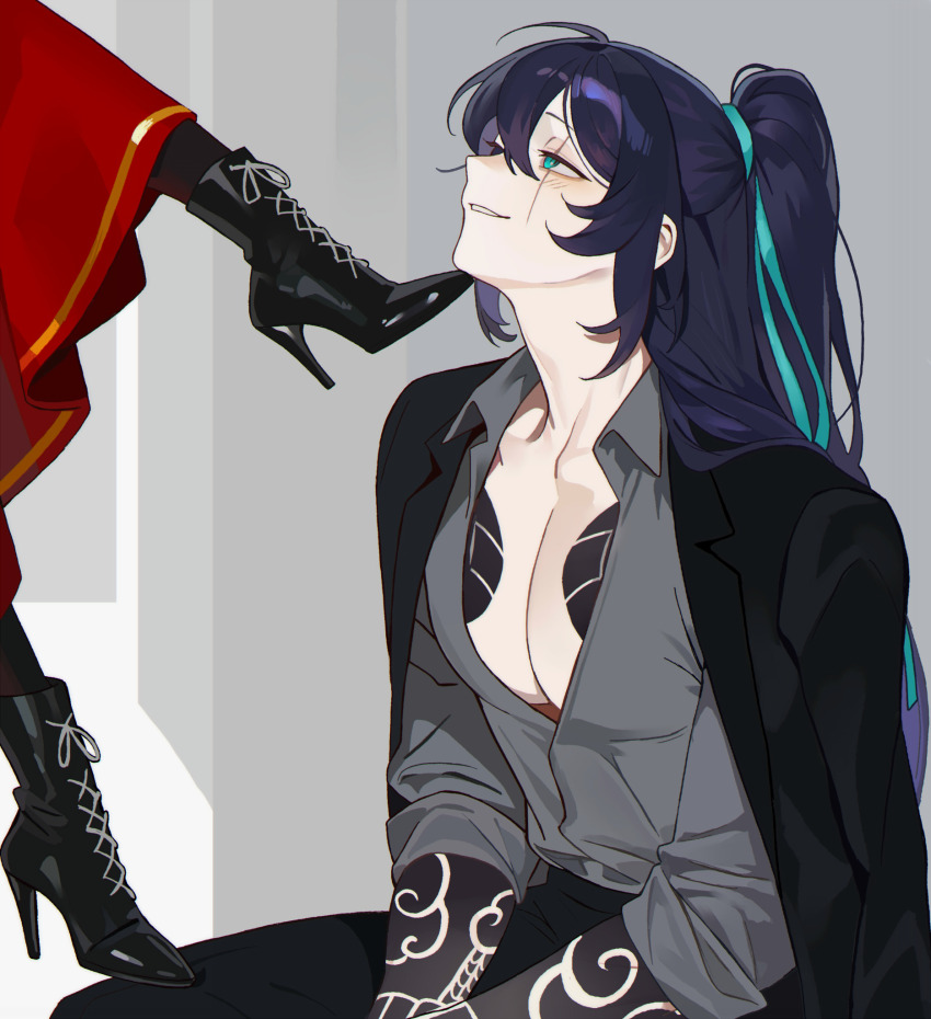 1boy, 1girl, arm_tattoo, black_jacket, black_pantyhose, blush, boots, chest_tattoo