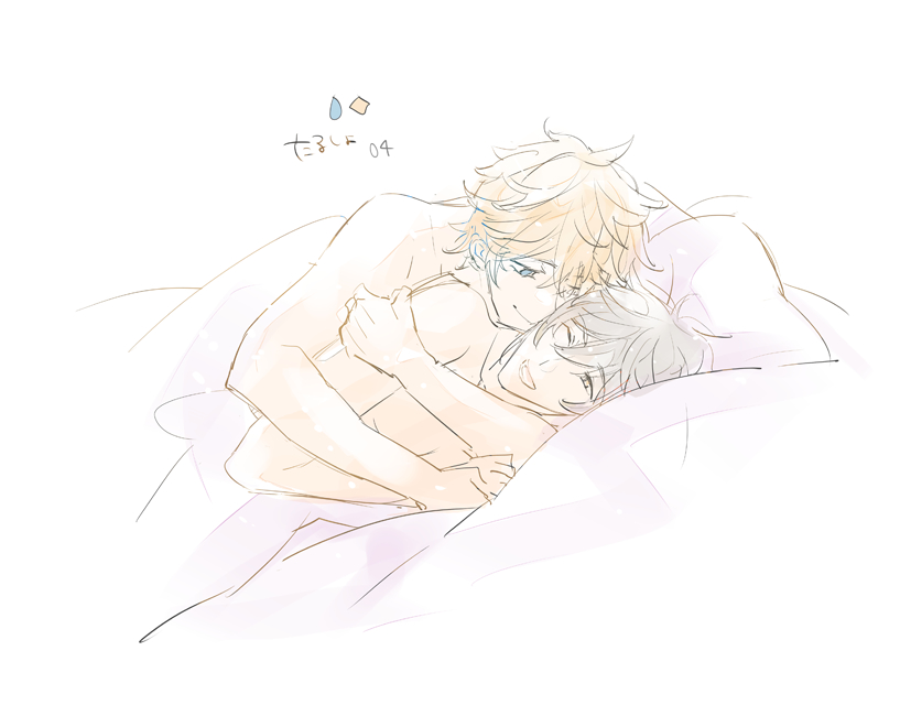 004s_4, 2boys, blanket, couple, cuddling, duvet, genshin_impact, image_sample