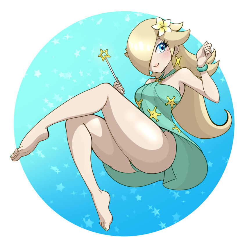 1girl, barefoot, bikini, bikini_bottom_only, blonde_hair, blue_dress, blue_eyes, blue_nails