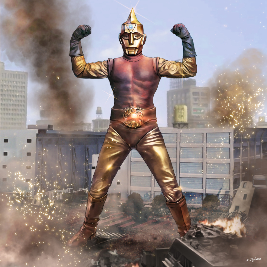 1boy, abs, alien, belt, blue_sky, boots, building, cyborg, day, destruction, dias_(tajima_kouki), fire, gem, gem_on_head, giant, glint, gloves, glowing, glowing_gem, highres, horns, kaijin, looking_at_viewer, muscular, muscular_male, no_humans, p-productions, pectorals, road, seijin, single_horn, sky, smoke, sparks, spectreman, spectreman_(character), street, superhero_costume, water_tower