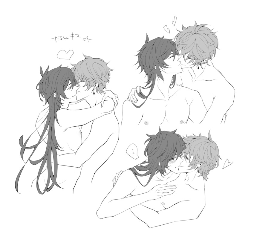 004s_4, 2boys, alternate_hairstyle, arms_around_neck, couple, genshin_impact, greyscale, image_sample, japanese_text, kiss, long_hair, monochrome, multiple_boys, nipples, pixiv, pixiv_sample, tartaglia_(genshin_impact), white_background, yaoi, zhongli_(genshin_impact)