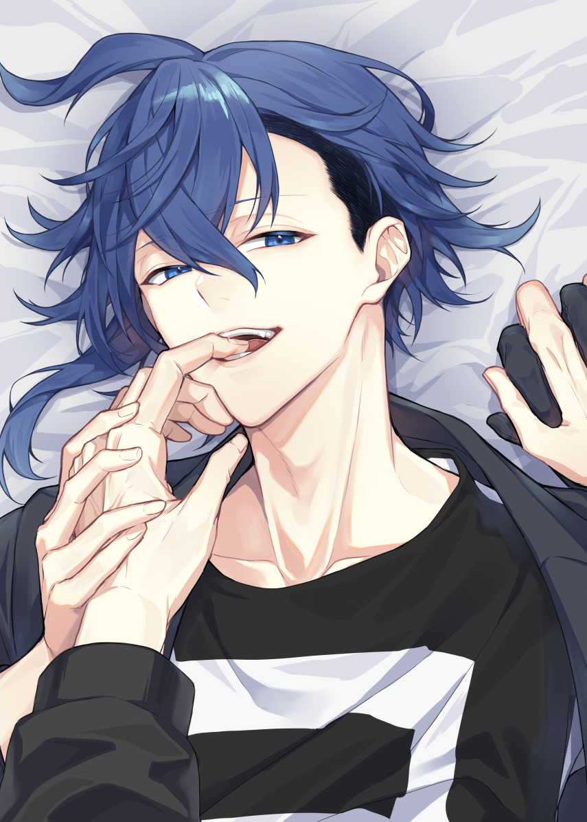 2boys, :d, aoyama_kazuki, biting, biting_another's_finger, biting_finger, black_gloves, black_jacket