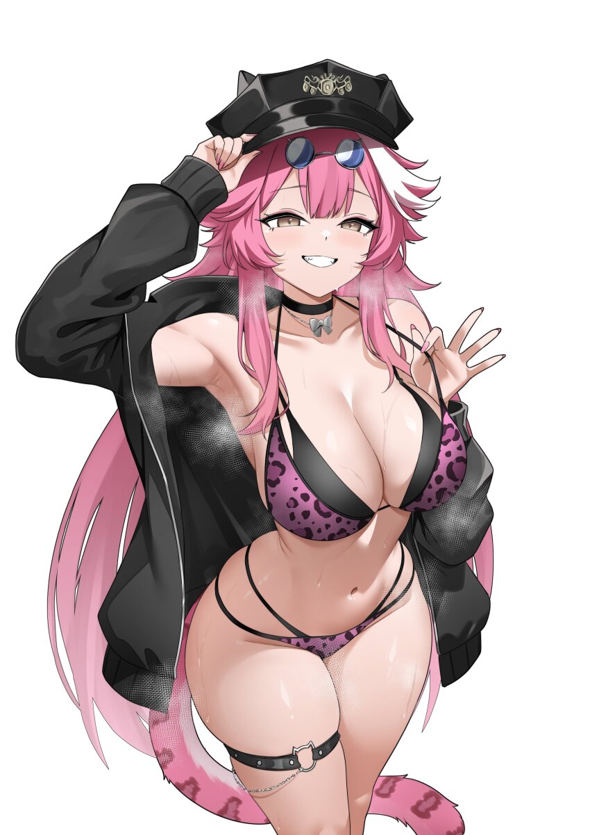 1girl, absurdres, adjusting_clothes, adjusting_headwear, animal_ears, animal_print, bikini, black_bikini, black_choker, black_hat, black_jacket, breasts, center-flap_bangs, choker, cleavage, commentary, double-parted_bangs, english_commentary, eyewear_on_head, grin, hat, highleg, highleg_bikini, highres, hololive, hololive_english, jacket, jewelry, large_breasts, layered_bikini, leopard_print, leopard_print_bikini, long_hair, looking_at_viewer, multi-strapped_bikini_bottom, multicolored_hair, navel, necklace, o-ring, o-ring_thigh_strap, official_alternate_costume, open_clothes, open_jacket, panther_ears, panther_girl, panther_tail, peaked_cap, pink_bikini, pink_hair, print_bikini, raikkonen, raora_panthera, raora_panthera_(holonatsu_paradise), round_eyewear, sidelocks, simple_background, smile, solo, stomach, strap_lift, streaked_hair, sunglasses, swimsuit, tail, thigh_strap, virtual_youtuber, white_background, white_hair, yellow_eyes