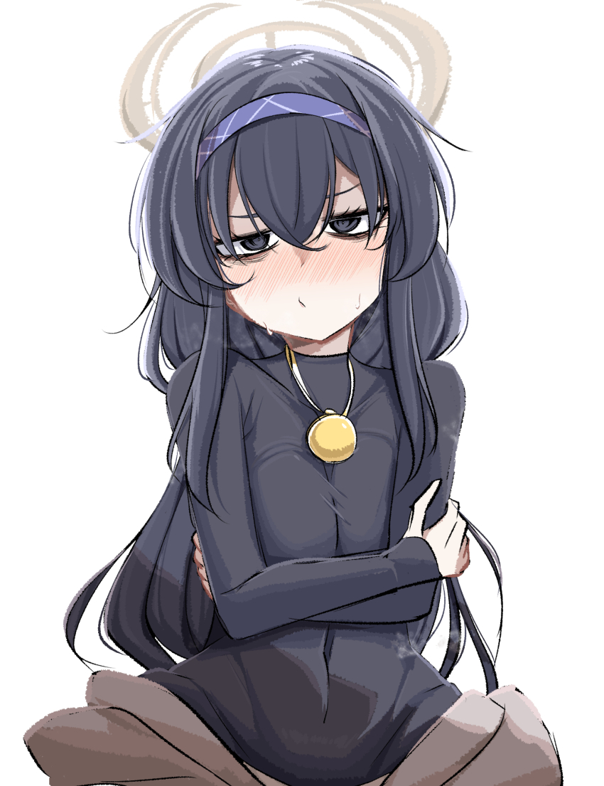 black_eyes, black_sweater, blue_archive, blush, hairband, half-closed_eyes, halo, highres