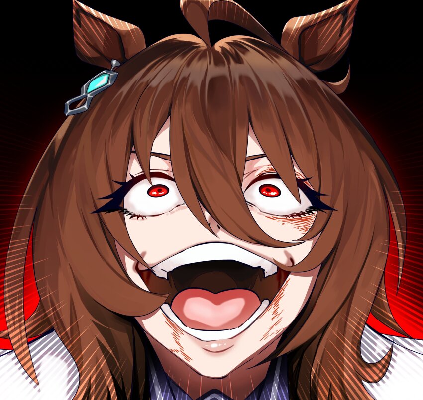 1girl, absurdres, agnes_tachyon_(umamusume), animal_ears, archimedesu99, brown_hair, commentary, crazy_eyes