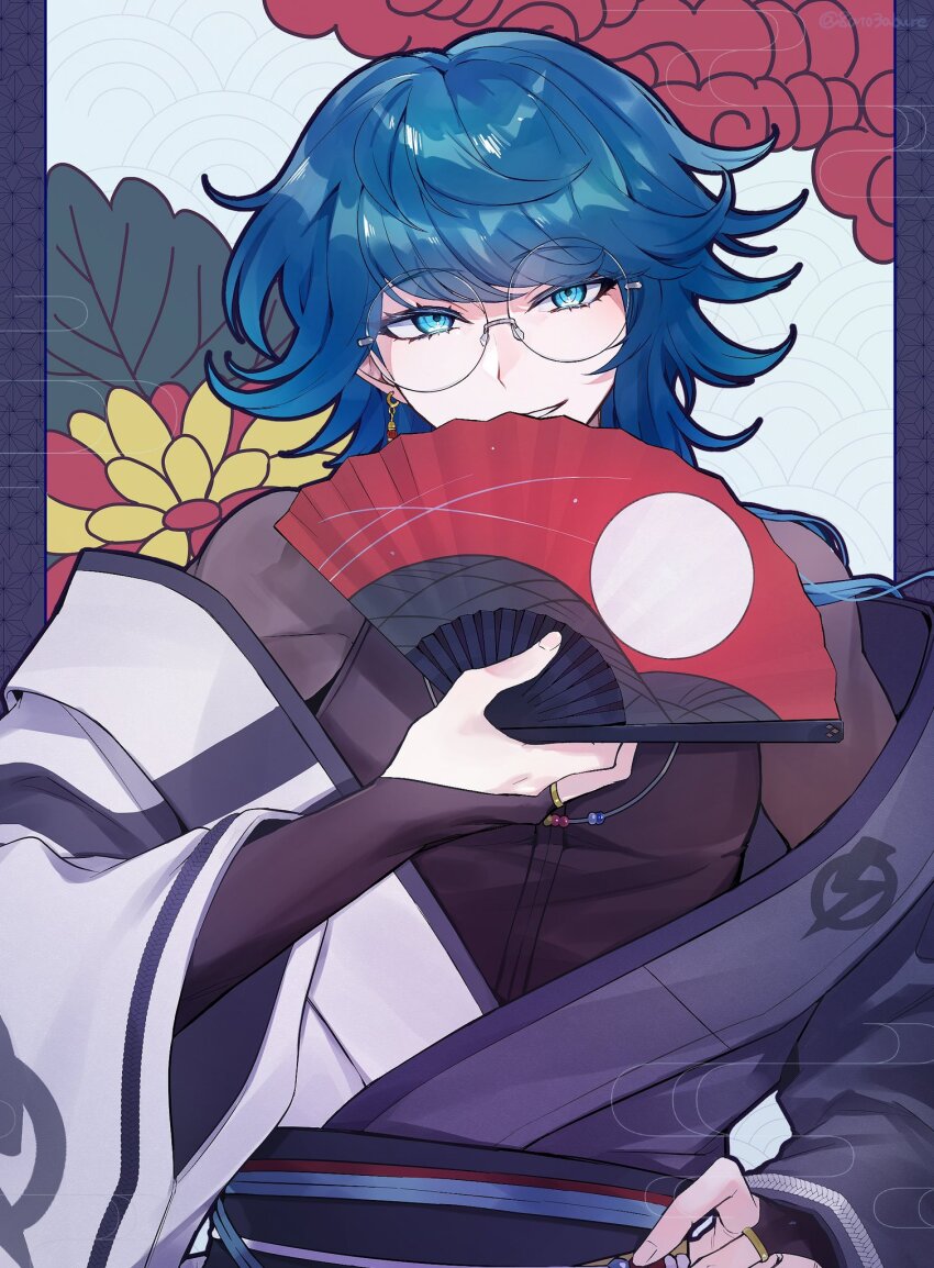 1boy, 8ato3abure, blue_eyes, blue_hair, bridal_gauntlets, commentary_request, earrings, glasses