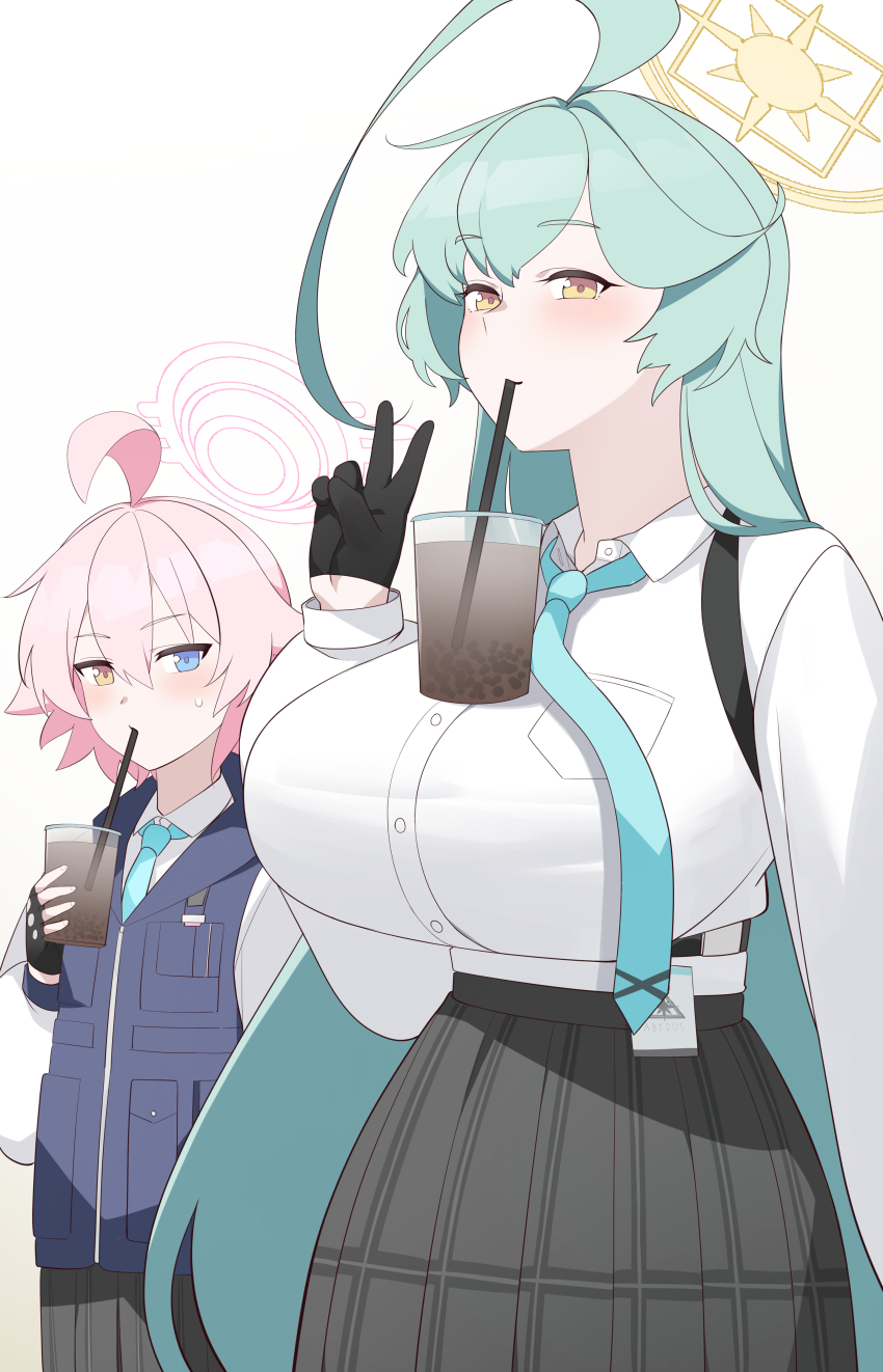 2girls, absurdres, antenna_hair, aqua_hair, black_gloves, blue_archive, blush, breasts
