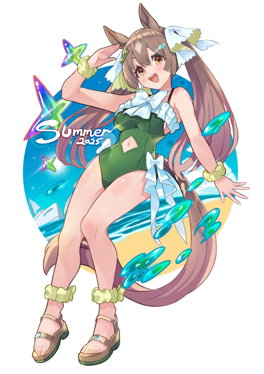 1girl, 2025, :d, absurdres, alternate_costume, animal_ears, bare_shoulders, beach