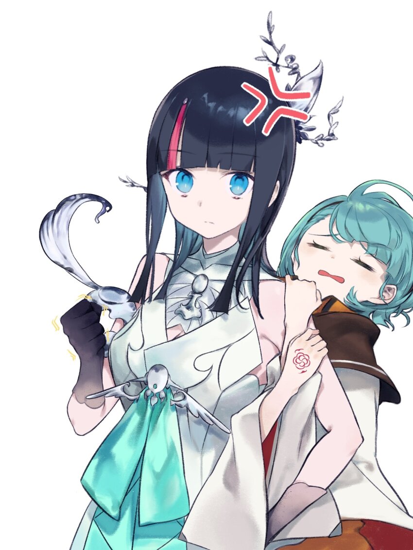 2girls, anger_vein, aqua_dress, aqua_hair, bare_shoulders, black_gloves, black_hair, blue_eyes