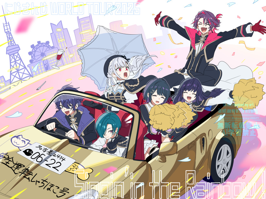 1other, 2boys, 3girls, :d, ^_^, beret, black_hair, black_hat