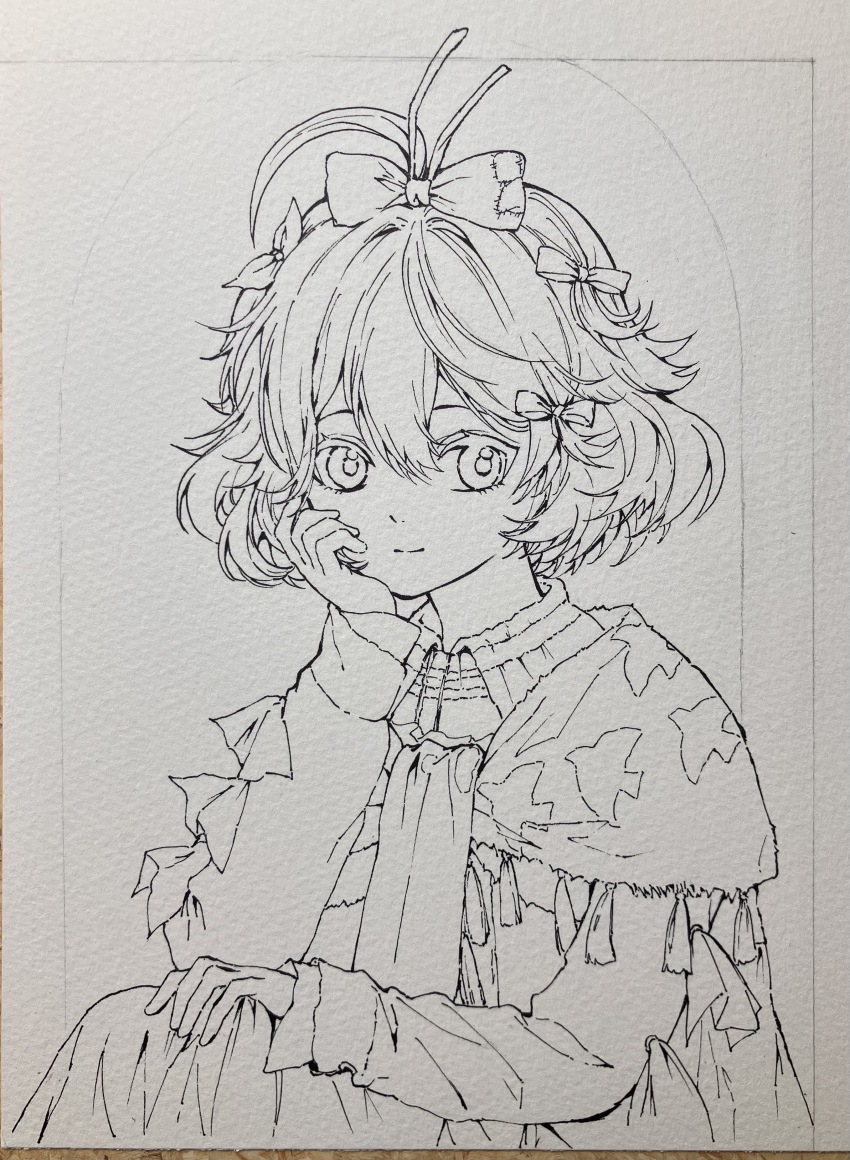 1girl, absurdres, ahoge, bai_wuya_bu_he_naicha_yo, bow, closed_mouth, collared_dress, dress, elbow_on_knee, flutterpage, hair_bow, hand_on_own_cheek, hand_on_own_face, hand_on_own_knee, hand_up, head_rest, highres, lineart, looking_at_viewer, multiple_hair_bows, nib_pen_(medium), pen_(medium), photo_(medium), reverse:1999, scarf, short_hair, smile, solo, traditional_media, upper_body