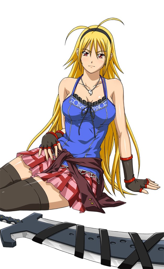 00s, 1girl, ahoge, arm_support, black_hairband, black_thighhighs, blonde_hair, breasts