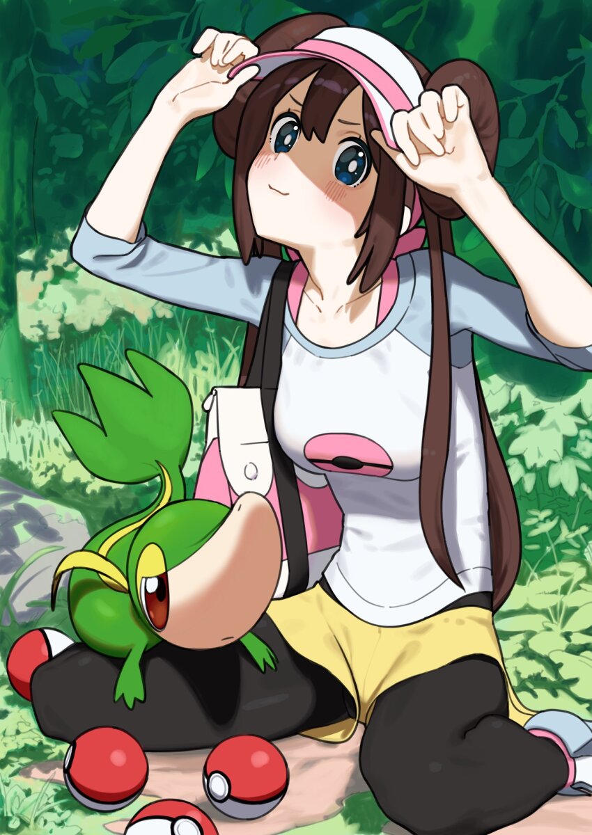 1girl, adjusting_clothes, adjusting_headwear, bag, black_pantyhose, blue_eyes, blush, breasts, brown_hair, closed_mouth, double_bun, gen_5_pokemon, hair_bun, head_tilt, highres, impossible_clothes, long_hair, long_sleeves, looking_at_viewer, nintendo, oekakikujira, outdoors, pantyhose, plant, poke_ball, pokemon, pokemon_(creature), pokemon_black_2_and_white_2, rosa_(pokemon), shirt, shoes, shorts, shoulder_bag, sitting, small_breasts, smile, snivy, solo, twintails, visor_cap, wariza, yellow_shorts